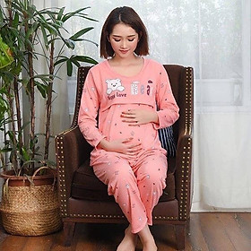 Bộ đồ bầu và sau sinh cotton gấu đẹp cho mẹ 45-67kg quần có chun chỉnh bụng