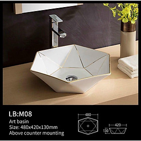 Lavabo 6 cạnh trắng viền vàng