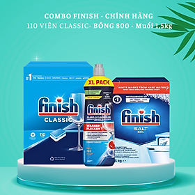 Combo muối rửa bát Finish 1,5kg+viên rửa bát Finish 120 viên+Nước làm bóng bát chén finish 800ml