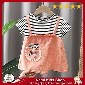 Áo váy bé gái giả yếm họa tiết kẻ ngang dễ thương hàng quảng châu cao câp