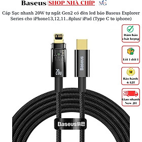 Cáp Sạc nhanh 20W tự ngắt Gen2 có đèn led báo Baseus Explorer Series cho iPhone13,12,11.....8plus/ iPad (Type C to IP Auto Power-Off, PD 20W Fast Charging Data Cable )- Hàng chính hãng