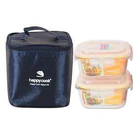 Bộ 2 hộp thủy tinh vuông HappyCook 520ml Kèm Túi Giữ Nhiệt HCG-02SBX