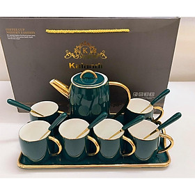 Combo bộ ấm chén,khay sứ và 6 thìa cùng màu xanh cổ vịt cao cấp pha trà cà phê