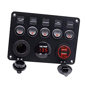 Marine Boat Rocker Switch Panel 5Gang Waterproof Toggle Switches w/ Digital Voltage Display 2.1A Double USB Power Charger 12V Cigarette Lighter Socket