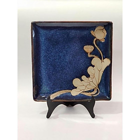 Mua Đĩa vuông gốm sứ Bát Tràng cao cấp men hoả biến xanh khắc sen chìm