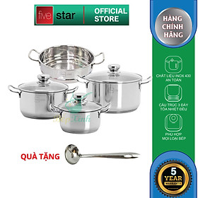 Bộ nồi xửng hấp 3 đáy inox 430 Fivestar Standard bếp từ nắp kính tặng 1 muỗng canh