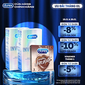 Bộ 2 hộp bao cao su Durex Invisible siêu mỏng (52mm, 10 bao/hộp)+ 1 Durex Naughty Chocolate hương choco (52mm, 3 bao/hộp)