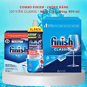 Combo muối rửa bát Finish 1,5kg+viên rửa bát Finish 120 viên+Nước làm bóng bát chén finish 800ml