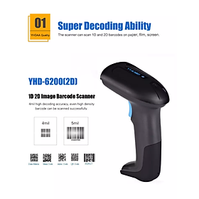 Máy quét mã vạch có dây YHD 6200D 2D đọc mã vạch Barcode(1D) Qrcode(2D) dùng dây trực tiếp cắm cổng USB Máy tính, Laptop - Hàng Nhập Khẩu - Máy không đế