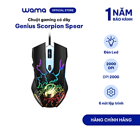 Chuột gaming có dây Genius Scorpion Spear màu đen - nhẹ, 6 nút lập trình, công thái học, đèn LED, DPI 2000, Hàng chính hãng, Bảo hành 1 năm