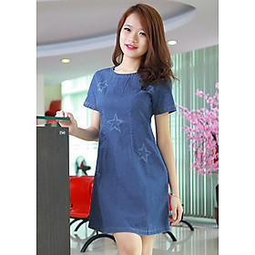 Đầm Jean Nữ Cổ Tròn Wash Ngôi Sao Duyên Dáng
