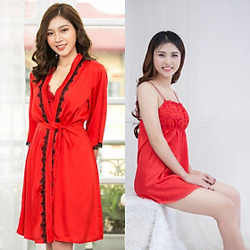 Combo  áo choàng +váy ngủ lụa cao cấp sexy sang trọng-Màu
