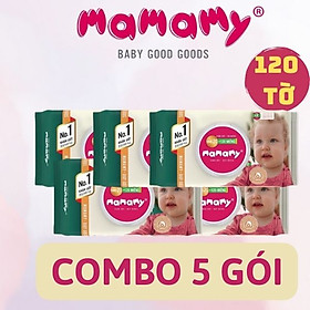 120 tờ Combo 5 gói khăn ướt Mamamy không hương có hương gói lớn 120 tờ