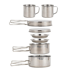 Camping Cookware Mess Kit 8PCS Stainless Steel Cooking Pot and Pan Set with Plates Cups for Outdoor Camping Hiking Backpacking