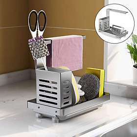 Kitchen Sink Caddy Organizer, Sponge Holder for Sink Soap Brush Dispenser Holder with Rag Rack with Drain Tray Countertop Wall Mount Stainless Steel