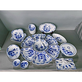 Mua Bộ bát đĩa hoa mặt trời men lam 29 món  họa tiết hoa sen. Gốm sứ Bát Tràng