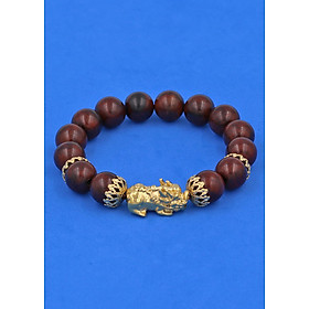 Chuỗi đeo tay Gỗ Đàn Hương Nâu 12 ly - cẩn Tỳ Hưu Phong Thủy inox vàng VGDHNTHBKV12