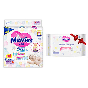 Mua Tã/bỉm dán Merries size NB - 90 + 6 miếng (Cho bé dưới 5kg) - Tặng 1 Gói khăn ướt chăm sóc da trẻ em 54 miếng