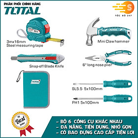 Mua Bộ dụng cụ 6 món gồm búa  thước  dao  kềm  tua vít có hộp đựng TOTAL THKTHP90066 - Đa năng  6in1  làm từ thép chuyên đụng CR-V