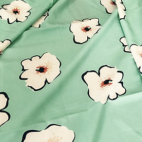 Vải thun gấm dày mềm co giãn nhẹ 4 chiều họa tiết hoa dâm bụt trắng nền xanh