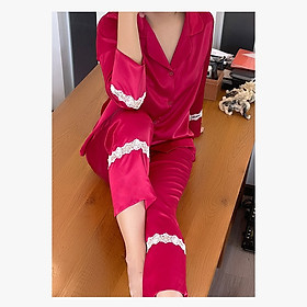 Đồ bộ mặc nhà Pijama nữ WANNABE BDS12 đồ bộ quần dài tay dài phối ren nhỏ ở lai sang trọng