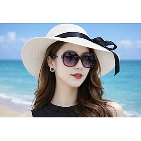 Mũ rộng vành đi biển chất liệu cói thoáng mát nón rộng vành chống nắng UV đai nơ đen cho nữ mẫu mới
