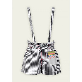 QUẦN SHORT KAKI COTTON CHO BÉ GÁI 2 TUỔI - 12 TUỔI - SỌC ĐEN TRẮNG - 2 DÂY ĐEO DẠNG YẾM CÓ THỂ THÁO RỜI - PHỐI TÚI HỌA TIẾT THỔ CẨM YF 8QX008