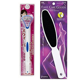 Combo Dụng cụ nạo lưỡi cán dài + Dụng cụ chà gót chân có tay cầm nội địa Nhật Bản
