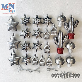 Set 23 món đồ treo cây thông Noel trang trí Giáng Sinh màu ghi xám phủ nhũ lấp lánh sang trọng