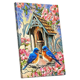 Tranh sơn dầu số hóa tự tô đã căn khung 40x50cm- chim sẻ hoa đào