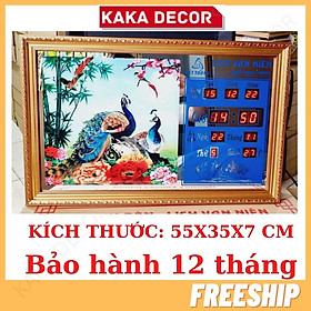 Đồng hồ tranh treo tường phòng khách con công kiêm lịch vạn niên điện tử