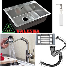 Combo chậu rửa bát 1 hố inox sus304 Valenza 6045, vòi rửa bát dây rút 02, xả chậu, rổ, bình xà phòng