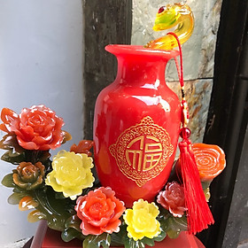 Tượng Bình Hoa Phú Quý Đỏ Cây Như ý Vàng Trên Thuyền Đầy Hoa Tài Lộc Size Cao 39cm Đk 32cm Sâu 14cm Hợp Anh Chị Mệnh Hỏa mệnh Thổ Trưng Phòng Khách Nhà Công Ty Quà Tặng ý nghĩa ạ