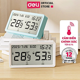Nhiệt ẩm kế, nhiệt kế phòng Deli đồng hồ xem giờ có báo thức đo nhiệt độ phòng, độ ẩm phòng ngủ cho bé chính xác