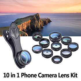 APEXEL 10 in 1 Phone Camera Lens Kit with 0.63X Wide Angle + 15X Macro + 198°Fisheye + 2X Telephoto + CPL + Star Filter