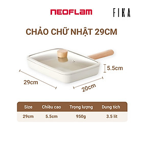 [Hàng chính hãng] Chảo chiên chữ nhật có nắp Neoflam Fika 29cm, thành cao 5,5cm, cán gỗ 17cm, nắp kính. Made in Korea.  Hàng có sẵn giao ngay