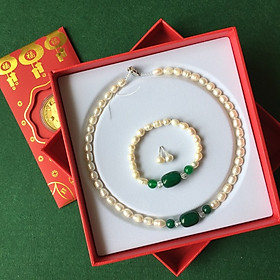 Bộ trang sức Ngọc trai thật, đính đá cẩm thạch, cỡ hạt 6-8li, KÈM CHỨNG THƯ KIỂM ĐỊNH SẢN PHẨM MẪU TẠI SJC, Kèm hộp đựng Luxi Green mẫu 0099AB