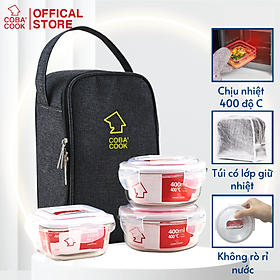 Mua Bộ 3 hộp đựng cơm thức ăn  trữ thực phẩm thủy tinh chịu nhiệt COBA COOK 2 hộp tròn 400ml + 1 hộp vuông 320ml và 1 túi giữ nhiệt  nhiệt-CCR4S33BL
