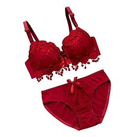 Women Lace Flower Bra Set Padded Lingerie Push Up Underwear Kit Wine Red