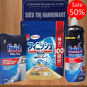Combo viên rửa bát finish 90 viên + nước làm bóng finish 750ml + muối rửa chén finish 1,5kg