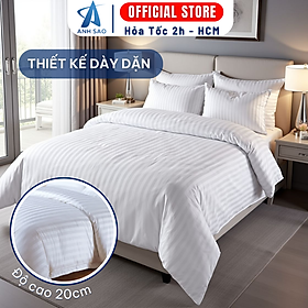 Bộ 5 món chăn ga gối Cotton Lụa Trắng Sọc 3F 30cm Mềm Mát – Phù Hợp KS, Nhà Nghỉ, Homestay