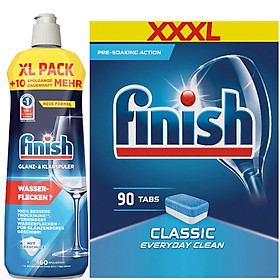Combo Dầu làm bóng finish 800ml+Viên rửa bát Finish All in one 100v dùng cho Máy rửa bát