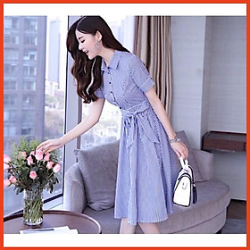 Đầm Dài Xanh Sọc Cột Nơ