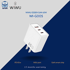 Củ sạc GaN hàng chính hãng WiWU Essen 65W Wi-G005: 2 Type-C, 1 USB-A, chân dẹt US, sạc nhanh đa thiết bị