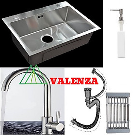 Combo chậu rửa chén bát inox 1 hố 6045, vòi rửa bát inox nóng lạnh cổ ngỗng, bình xà phòng, rá inox, bộ xiphong ống xả chậu