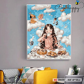 Mua Tranh tô màu số hóa nàng thơ BEE HAPPY treo tường trang trí cô bé thư giãn uống trà CN4267