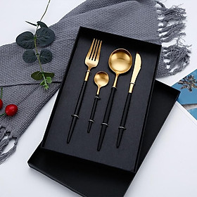 Sét 4 dụng cụ bàn ăn gồm dao, dĩa, muỗng ăn cho gia đình, nhà hàng bằng inox mạ màu phong cách châu Âu sang trọng hiện đại (Kèm hộp quà sang trọng)