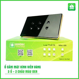 Ổ cắm ba 2 chấu mặt kính phẳng viền vàng cao cấp HUNONIC, Màu (Đen/Trắng)