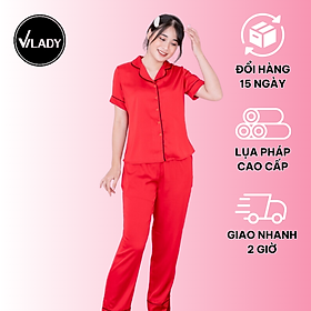 Đồ bộ pijama lụa, đồ mặc nhà nữ VILADY - B124 kiểu quần dài tay cộc họa tiết trơn, chất liệu lụa Pháp (lụa latin) cao cấp - Màu đỏ