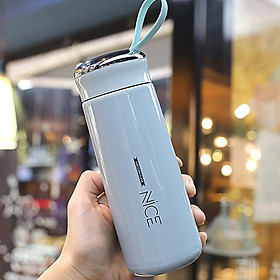 Bình giữ nhiệt cao cấp 400ml lõi thủy tinh bọc nhựa lúa mạch có dây sách tiện dụng